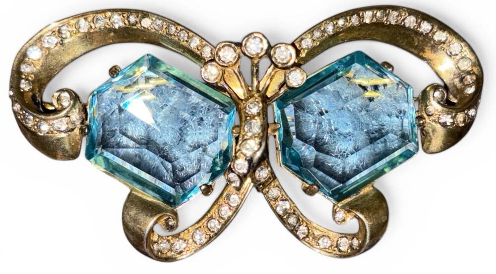 Eisenberg Original Sterling Art Deco Butterfly Brooch Gold Plated Aquamarine 925